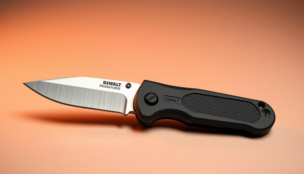 A professional grade EDC (everyday carry) knife, expertly crafted by DEWALT. The knife's sleek, stainless steel blade glints under warm studio lighting, its razor-sharp edge hinting at its utilitarian purpose. The handle, textured for a secure grip, is made of high-impact polymer in a bold, industrial-inspired design. The knife rests on a plain, neutral background, allowing its form and function to take center stage. The composition emphasizes the knife's balanced proportions and premium construction, conveying a sense of durability and reliability that would make it an indispensable tool for any DEWALT enthusiast.