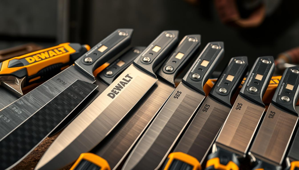 A professional-grade set of DEWALT knives, meticulously crafted for demanding tasks. In the foreground, an array of high-carbon stainless steel blades, their sharp edges gleaming under warm studio lighting. The middle ground features expertly-designed ergonomic handles, offering a secure and comfortable grip. In the background, a backdrop of subtle industrial textures, hinting at the rugged durability of these tools. The overall composition conveys the reliability, precision, and versatility that professionals expect from DEWALT knives.