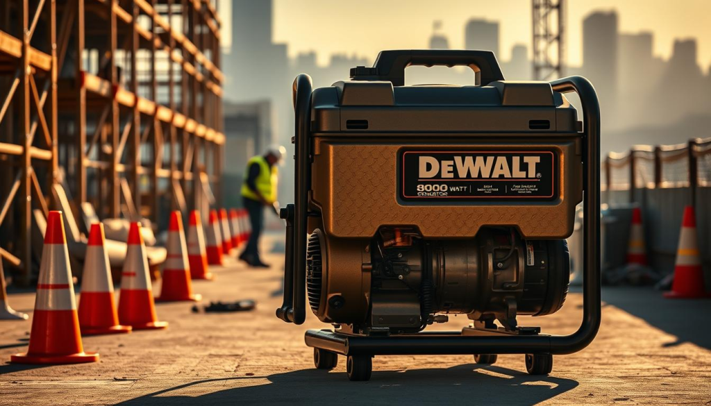 A professional, heavy-duty DEWALT 8000 Watt Generator stands on a construction site, surrounded by scaffolding, safety cones, and construction materials. The generator's rugged metal body gleams under warm, directional lighting, casting shadows that accentuate its solid, dependable form. In the middle ground, workers in high-visibility vests and hardhats operate power tools, demonstrating the generator's powerful performance. The background is filled with a partially obscured cityscape, hinting at the scale and scope of the construction project. The overall scene conveys the generator's durability, reliability, and capacity to power heavy-duty equipment on demanding job sites.
