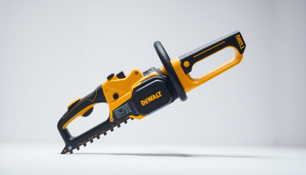 A professional, high-quality DEWALT 20V Hedge Trimmer in a well-lit, modern setting. The trimmer is the focal point, prominently displayed on a clean, minimalist white background. The lighting is soft and even, highlighting the sleek, sturdy design and metallic accents. The trimmer is angled slightly, showcasing its ergonomic handle and blade. The background is simple, allowing the product to stand out. The overall impression is one of quality, functionality, and attention to detail, reflecting the DEWALT brand.