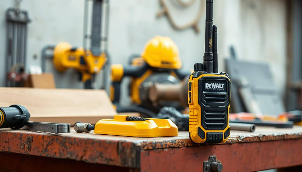 A professional, high-quality DEWALT walkie talkie resting on a rugged, weathered workbench. The device is displayed in a well-lit, industrial-style setting, showcasing its durable, rubberized casing and prominent DEWALT branding. Carefully positioned in the foreground, the walkie talkie is surrounded by various construction tools and materials, conveying a sense of the device's intended use in a demanding jobsite environment. The middle ground features a blurred, gritty background, hinting at the tough, no-nonsense nature of the DEWALT brand. The overall composition emphasizes the walkie talkie's robust, reliable design, perfectly suited for seamless communication on the jobsite.