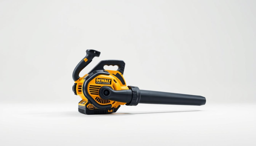 A professional, high-quality photograph of a DEWALT 60V cordless blower in a clean, well-lit studio setting. The blower is prominently displayed in the center of the frame, its sleek black and yellow design showcased against a plain white background. Subtle shadows and soft, diffused lighting accentuate the blower's contours and textures, highlighting its robust and durable construction. The camera angle is slightly elevated, giving the viewer a clear and unobstructed view of the tool's key features and controls. The overall mood is one of clean, modern simplicity, allowing the blower's engineering and performance capabilities to be the primary focus.
