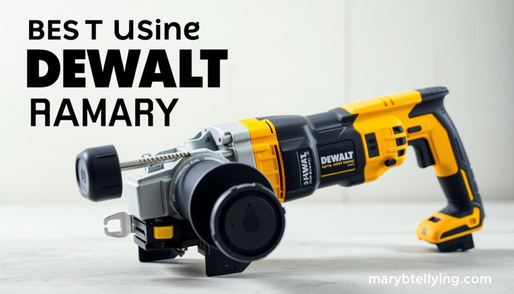 A professional high-quality photograph of the best DEWALT rotary hammer, featuring a well-lit and detailed front view of the tool. The rotary hammer is positioned in the foreground, showcasing its sturdy construction, ergonomic design, and powerful motor. The middle ground displays the tool's key technical specifications and features, while the background depicts a clean, minimalist workspace, emphasizing the tool's versatility and suitability for a variety of construction and renovation projects. The image conveys a sense of reliability, power, and precision, aligning with the article's subject and the "Benefits of Using DEWALT Rotary Hammers" section.