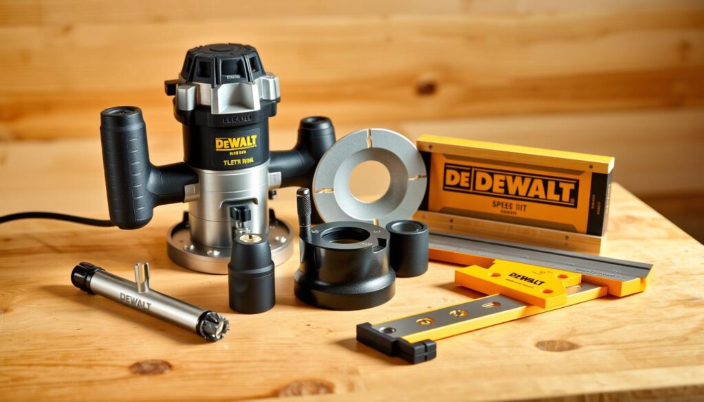 A professional quality still life image of a selection of DEWALT trim router accessories arranged on a wooden workbench. The accessories include a variable-speed trim router, a flush trim bit, a set of guide bushings, a circle cutting jig, and a straight edge guide. The accessories are neatly organized and positioned to showcase their functionality and compatibility with the DEWALT trim router. The image is lit with a warm, natural light that accentuates the brushed metal and glossy plastic textures of the accessories. The background is a simple, uncluttered wooden surface that allows the DEWALT branding and product details to be the focal point. The overall mood is one of precision, quality, and readiness for a woodworking project.