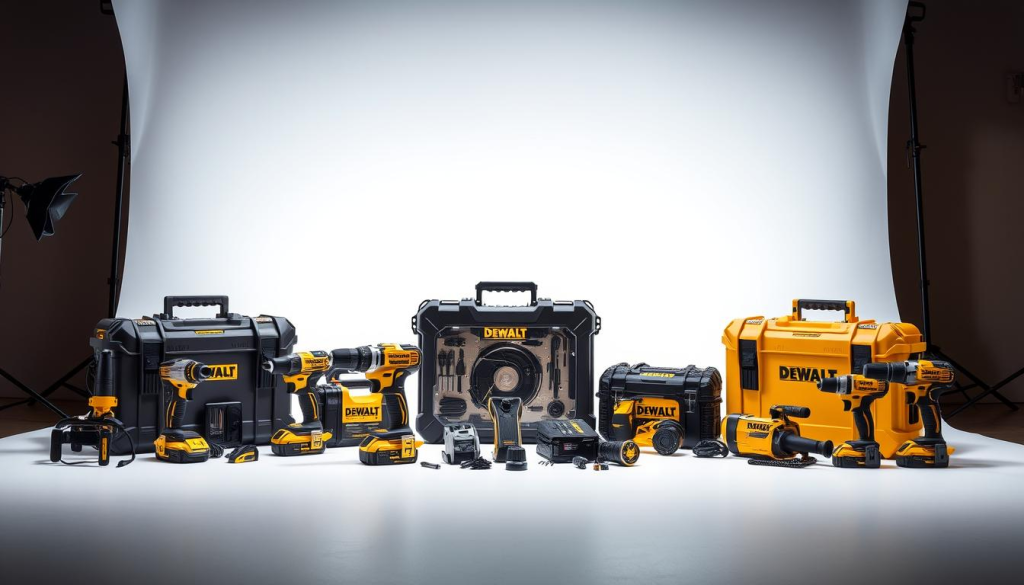 A professional, well-lit studio setup featuring three DEWALT XR combo kits arranged in the foreground, each showcasing their distinct power tools and accessories. In the middle ground, high-quality close-up shots highlighting the sleek, sturdy design and advanced features of the kits. The background has a clean, minimalist backdrop, allowing the products to take center stage. The lighting is carefully calibrated to accentuate the tools' materials and textures, creating a sense of depth and visual interest. The overall composition and angle convey a sense of authority, quality, and performance, reflecting the superior capabilities of the DEWALT XR Combo Kit.