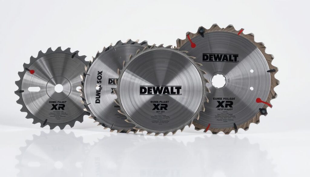 A professional, well-lit studio shot of several DEWALT XR Circular Saw blades arranged on a clean, reflective surface. The blades are pristine, their teeth sharply defined, and the metallic finish glistens under the soft, even lighting. The composition emphasizes the impressive craftsmanship and durability of these high-quality cutting tools, perfect for inclusion in an article about DEWALT accessories and attachments.