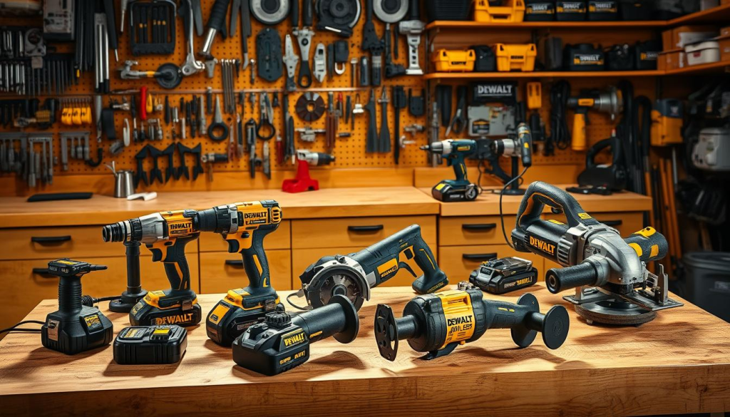 A professional workshop filled with DEWALT power tools, including a cordless drill, impact driver, circular saw, and angle grinder, all placed on a sturdy wooden workbench. The tools are illuminated by a warm, focused lighting, casting dynamic shadows that accentuate their rugged design. In the background, a wall of tool storage cabinets and shelves showcases an extensive collection of DEWALT accessories and attachments, conveying the brand's comprehensive offerings for the discerning professional.