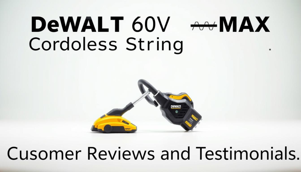 A professionally photographed image of a DEWALT 60V MAX Brushless Cordless String Trimmer against a clean, bright background. The trimmer is displayed prominently in the center, showcasing its sleek black and yellow design with a 60V battery pack. The lighting is soft and directional, highlighting the product's features and details. The background is slightly blurred, allowing the trimmer to be the focal point. The overall mood is one of quality, performance, and customer satisfaction, suitable for a "Customer Reviews and Testimonials" section.