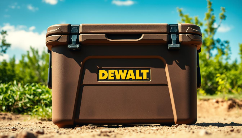 A rugged DEWALT cooler standing tall in a well-lit outdoor setting, showcasing its durable construction and resilience. The cooler's shell gleams with a sleek, high-impact plastic finish, radiating a sense of strength and reliability. Viewed from a low angle, the cooler's sturdy hinges, reinforced corners, and thick walls are prominently displayed, highlighting its exceptional durability. The surrounding environment is a natural, earthy backdrop, with lush greenery and a clear, blue sky overhead, creating a serene and adventurous atmosphere. Crisp, directional lighting casts dramatic shadows, emphasizing the cooler's robust design and attention to detail. This image conveys the DEWALT cooler's unwavering durability and longevity, inspiring confidence in its ability to withstand the rigors of outdoor activities and demanding environments.