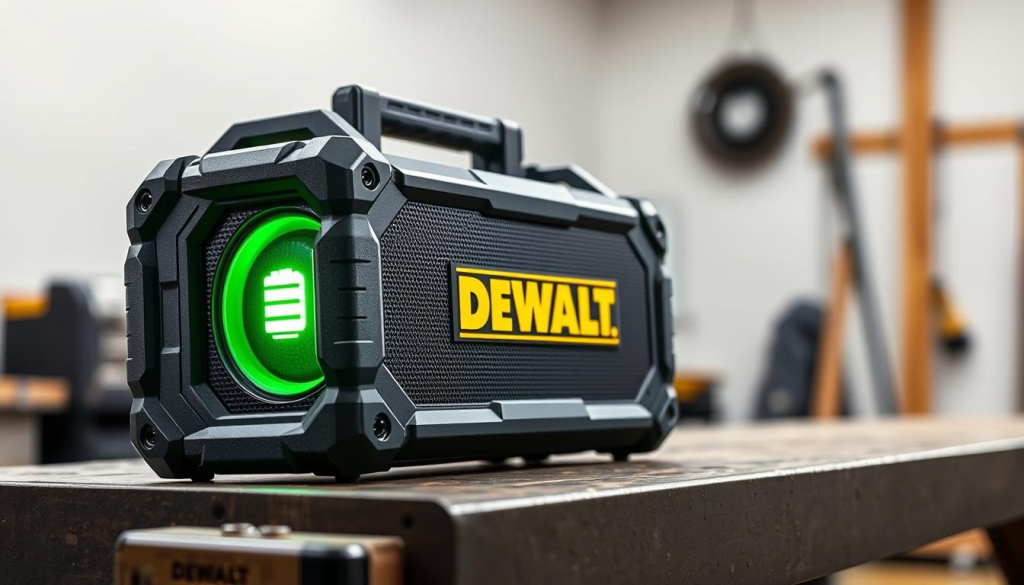 A rugged DEWALT jobsite speaker rests on a sturdy workbench, its battery life indicator glowing with a vibrant green hue. The speaker is captured in a clean, well-lit studio setting, with soft, directional lighting accentuating its sleek, industrial design. The background is blurred, allowing the speaker to take center stage, showcasing its robust build and precision engineering. The composition emphasizes the speaker's durability and long-lasting battery performance, perfectly aligning with the article's focus on the product's suitability for demanding jobsite environments.