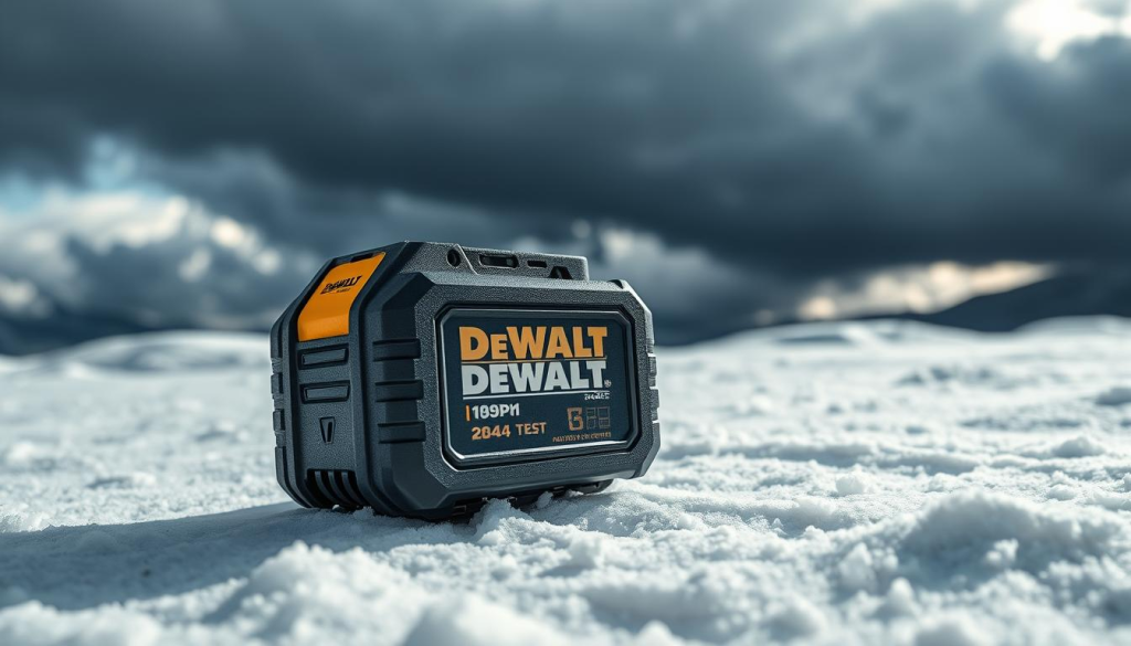 A rugged DEWALT power tool battery pack sits on a snowy, wind-swept landscape, its performance being put to the test. The battery is encased in a textured, industrial-grade shell, conveying its durability. In the background, a stormy sky with dark clouds looms, hinting at the harsh weather conditions. Bright, directional lighting illuminates the battery, casting dramatic shadows and highlights that accentuate its form. The scene exudes a sense of power, resilience, and the battery's ability to perform reliably even in the most challenging environments.