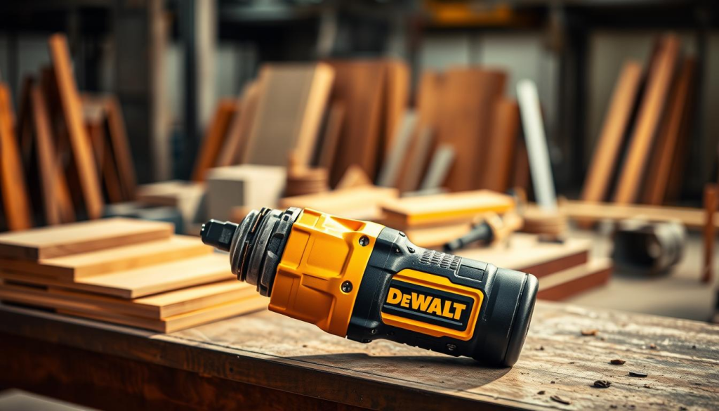 A rugged DeWalt XR impact wrench rests on a sturdy workbench, its yellow and black chassis gleaming under warm, directional lighting. The tool's powerful mechanism is clearly visible, its metal components precisely engineered for maximum torque and durability. In the middle ground, a variety of construction materials - wood, concrete, and metal - suggest the diverse applications of this versatile power tool. The background fades into a softly blurred industrial environment, hinting at the impact driver's role in tackling demanding worksite tasks. An atmosphere of professional capability and reliable performance pervades the scene, encapsulating the optimal usage of this DeWalt power tool.