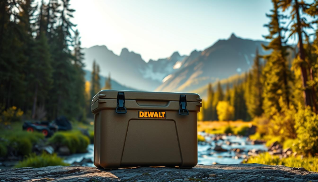 A rugged and durable DEWALT cooler, perfectly suited for outdoor camping adventures. The cooler stands prominently in the foreground, its sleek and sturdy design conveying a sense of reliability. The middle ground showcases a tranquil forest scene, with lush greenery and a peaceful stream running through. Warm, golden sunlight filters through the trees, casting a soft, natural glow on the cooler. In the background, majestic mountains rise, their snow-capped peaks reaching towards the clear, azure sky. The overall scene exudes a sense of adventure, inviting the viewer to imagine the cooler keeping their drinks and snacks chilled, while they immerse themselves in the great outdoors.