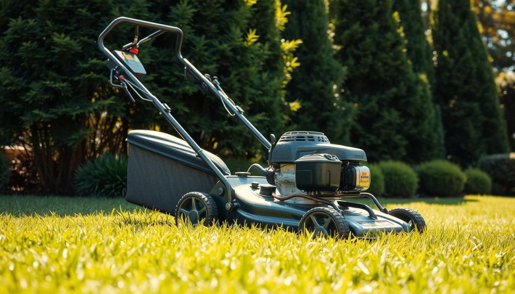 A rugged, gas-powered lawn mower stands proudly in a well-manicured backyard. Its sturdy frame and powerful engine suggest durability and reliability. Sunlight filters through lush, green foliage, casting a warm, natural glow on the mower's metallic surfaces. The mower's blades spin with precision, effortlessly cutting through the thick, lush grass, leaving behind a crisp, even pattern. The scene conveys the benefits of using a gas-powered lawn mower - its robust construction, efficient performance, and ability to maintain a beautiful, well-kept lawn with ease.
