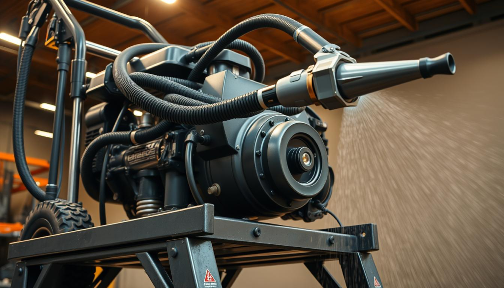 A rugged, heavy-duty pressure washer stands firmly on a sturdy steel frame, its powerful engine and high-pressure pump visible. The unit's exterior is coated in a durable, industrial-grade finish, ready to withstand the demands of professional-grade cleaning tasks. Thick, reinforced hoses snake from the unit, leading to a sturdy metal wand with a wide, adjustable nozzle. Bright LED lights illuminate the work area, casting a warm glow on the scene. The entire assembly is captured from a low, dynamic angle, highlighting the machine's imposing size and robust construction.