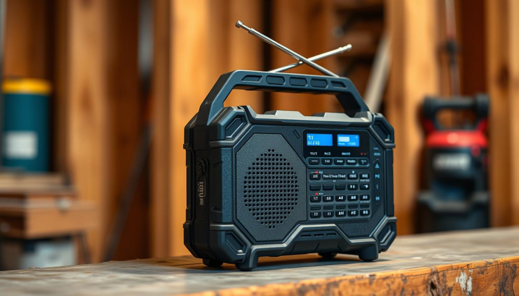 A rugged, portable jobsite radio standing on a workbench, its sturdy frame and weather-resistant exterior reflecting the harsh conditions of a construction site. Soft, directional lighting illuminates the radio's simple yet functional controls, inviting the user to adjust the volume and tune the stations. The radio's compact size and integrated carrying handle emphasize its portability, ready to be transported from one worksite to the next. The overall design conveys a sense of durability and reliability, perfectly suited for the demands of a professional work environment.