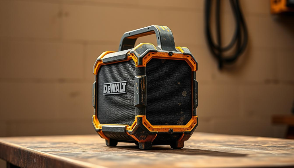 A rugged, weathered DEWALT Bluetooth speaker standing firmly on a workbench, its sturdy construction visible in the details of its textured housing and shock-absorbing edges. Warm, directional lighting casts dramatic shadows, emphasizing the speaker's robust, industrial design. The scene is set against a neutral, slightly blurred background, keeping the focus on the speaker's impressive build quality and durable, job-site-ready aesthetics.
