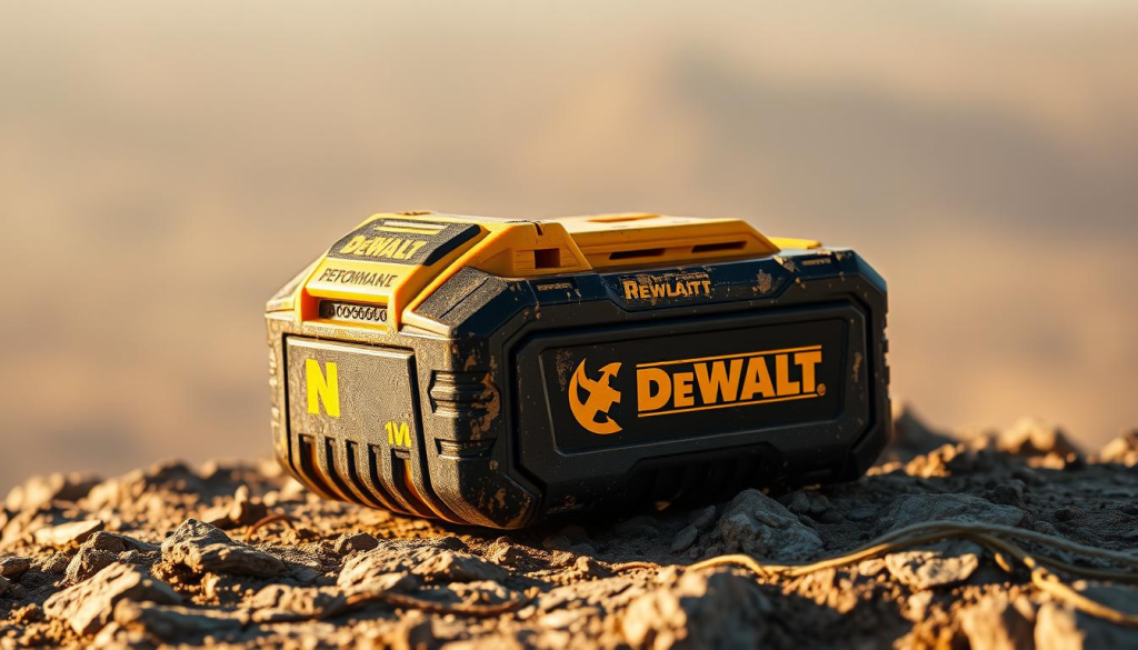 A rugged, weathered DeWalt battery pack rests on a rocky, windswept surface, its yellow and black casing gleaming in the warm, golden light. The pack's robust design is accentuated by its prominent, angular lines, conveying a sense of unwavering power and durability. Subtle shadows and highlights sculpt the pack's form, suggesting its resilience to the harshest of elements. The background fades into a hazy, atmospheric landscape, evoking a sense of endurance and relentless performance, perfectly fitting the "Performance Under Extreme Conditions" theme.