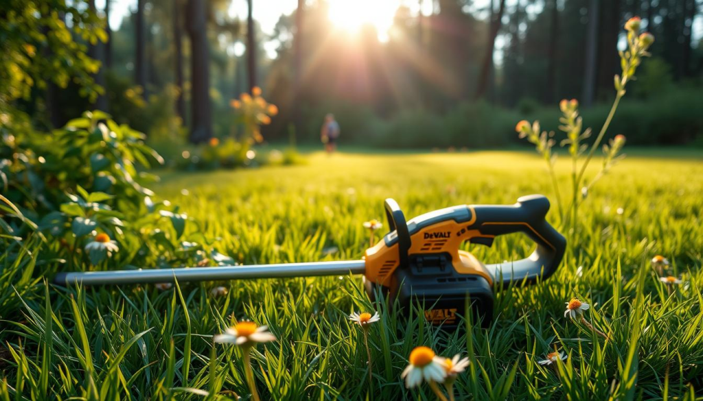 A serene outdoor scene with a Dewalt cordless trimmer resting on the lush green grass, surrounded by flourishing plants and a backdrop of a tranquil forest. The sun's warm rays filter through the trees, casting a gentle glow on the environment. The trimmer's sleek design blends seamlessly with the natural setting, conveying a sense of eco-friendly harmony. In the foreground, native wildflowers sway gently, hinting at the trimmer's low-impact operation. The overall composition evokes a message of sustainability, highlighting Dewalt's commitment to crafting power tools that coexist with the delicate balance of nature.