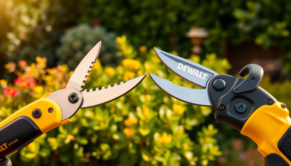 A side-by-side comparison of DEWALT pruners and their competitors, showcasing the superior performance of the DEWALT brand. In the foreground, two pruners are displayed - one DEWALT and one from a competitor - with their blades open, highlighting the precision and sharpness of the DEWALT model. The middle ground features a lush, verdant garden setting, with various plants and shrubs that have been expertly pruned, demonstrating the tools' effectiveness. The background is illuminated by warm, natural lighting, creating a sense of quality and professionalism. The overall composition emphasizes the DEWALT pruner's superiority in terms of cutting power, durability, and ease of use compared to its rivals.