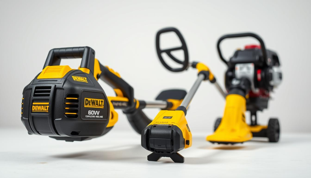 A side-by-side comparison of a DEWALT 60V cordless weed eater and a gas-powered weed eater, captured in a well-lit, crisp studio setting. The cordless model is positioned prominently in the foreground, its sleek, modern design and powerful 60V battery pack clearly visible. The gas-powered weed eater is slightly in the background, allowing the viewer to easily compare the two. The lighting is soft and even, accentuating the textures and materials of the tools. The background is a clean, neutral backdrop, keeping the focus on the devices themselves. The overall mood is one of technical precision and product comparison, conveying the key differences between the cordless and gas-powered options.