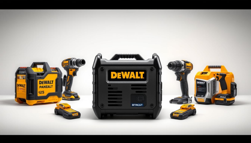 A side-by-side comparison of the DEWALT power station against its top competitors, captured in a well-lit, high-resolution studio setting. The DEWALT power station prominently displayed in the center, with the competitor models arranged around it. Detailed product shots showcase their unique features and design elements. Neutral-toned backgrounds allow the power stations to take center stage, while strategic lighting accentuates their sleek, modern aesthetics. The composition is balanced, with a clean, professional, and informative tone that effectively communicates the comparative capabilities of these portable power solutions.