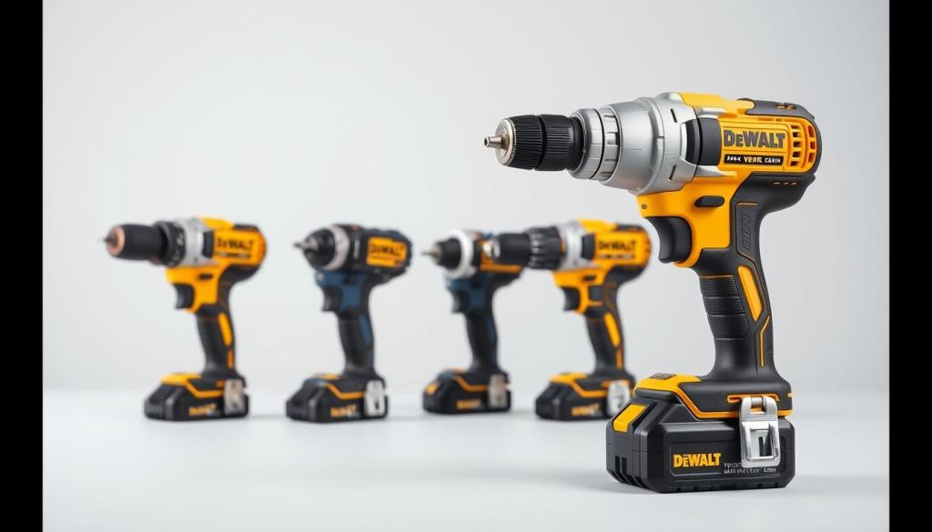 A side-by-side comparison of the powerful DeWalt XR impact driver against its competitors. In the foreground, the DeWalt XR stands proudly, its metallic body gleaming under crisp studio lighting. In the middle ground, the competing impact drivers are neatly arranged, allowing for a detailed examination of their features and design. The background is a clean, minimalist setting, drawing the viewer's full attention to the tools at hand. The composition is carefully balanced, highlighting the sleek and rugged aesthetic of the DeWalt XR, while providing a clear visual contrast to showcase its superiority over the other brands.
