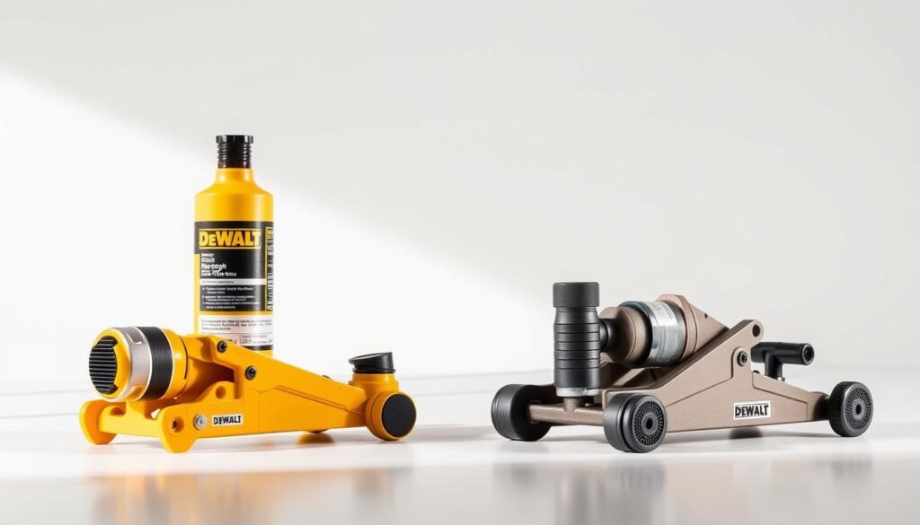 A side-by-side comparison of two DEWALT jacks, meticulously rendered in a well-lit, high-resolution studio setting. The foreground features the two jacks, showcasing their distinct designs and features from multiple angles. The middle ground presents a clean, uncluttered backdrop, allowing the jacks to take center stage. The lighting is natural yet directional, casting subtle shadows that accentuate the jacks' contours and textures. The overall mood is one of professionalism and technical precision, conveying the reliability and quality of the DEWALT brand.