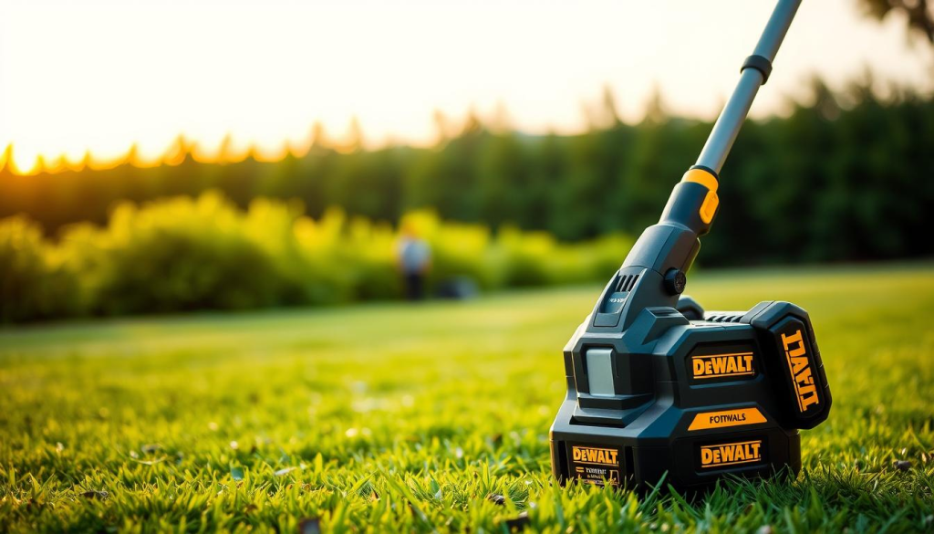 A sleek DEWALT cordless string trimmer standing prominently in the foreground, its powerful motor and sturdy construction capturing the eye. In the middle ground, a well-manicured lawn dotted with lush greenery, hinting at the trimmer's efficient performance. The background gently fades into a warm, golden-hour sky, casting a natural, ambient light that accentuates the tool's rugged, yet refined aesthetic. The overall scene radiates a sense of durability and reliability, perfectly embodying the DEWALT brand's reputation for outdoor power equipment.