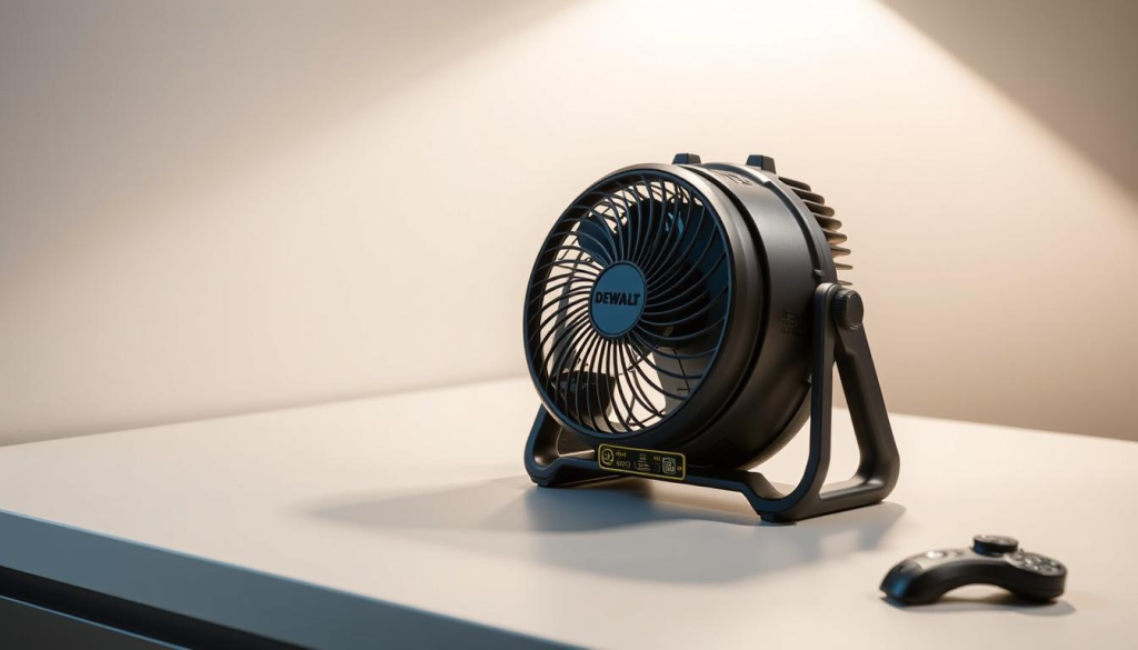 A sleek DEWALT portable fan, its oscillation feature prominently displayed. The fan is positioned on a clean, minimalist workspace, illuminated by soft, directional lighting that casts gentle shadows. The fan's controls are easily accessible, with clearly labeled buttons and dials that invite intuitive interaction. The overall scene conveys a sense of efficiency and user-friendliness, perfectly suited to illustrate the "User-Friendly Controls and Settings" section of the article.