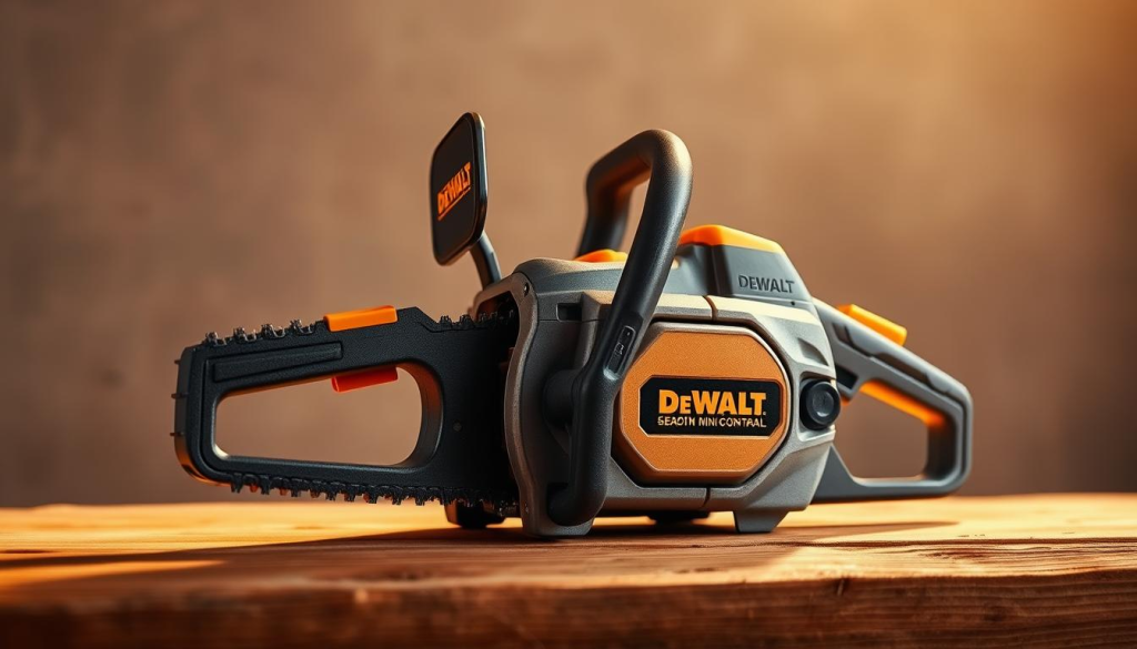 A sleek and compact DEWALT mini chainsaw resting on a wooden surface, bathed in warm, directional lighting that accentuates its metallic grey and orange accents. The tool is captured at a slight angle, showcasing its ergonomic design and compact size, ready to tackle even the toughest jobs. The background is a softly blurred, neutral setting, allowing the chainsaw to be the focal point of the image.