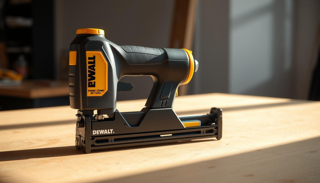 A sleek and compact Dewalt narrow crown stapler resting on a clean, well-lit workbench. The tool's ergonomic design is accentuated by soft shadows and warm, natural lighting, conveying a sense of user-friendly functionality. The matte black and yellow color scheme blends seamlessly with the minimalist background, drawing the viewer's attention to the stapler's sturdy construction and intuitive controls. The image captures the stapler's versatility and durability, reflecting its suitability for a wide range of DIY and professional projects.