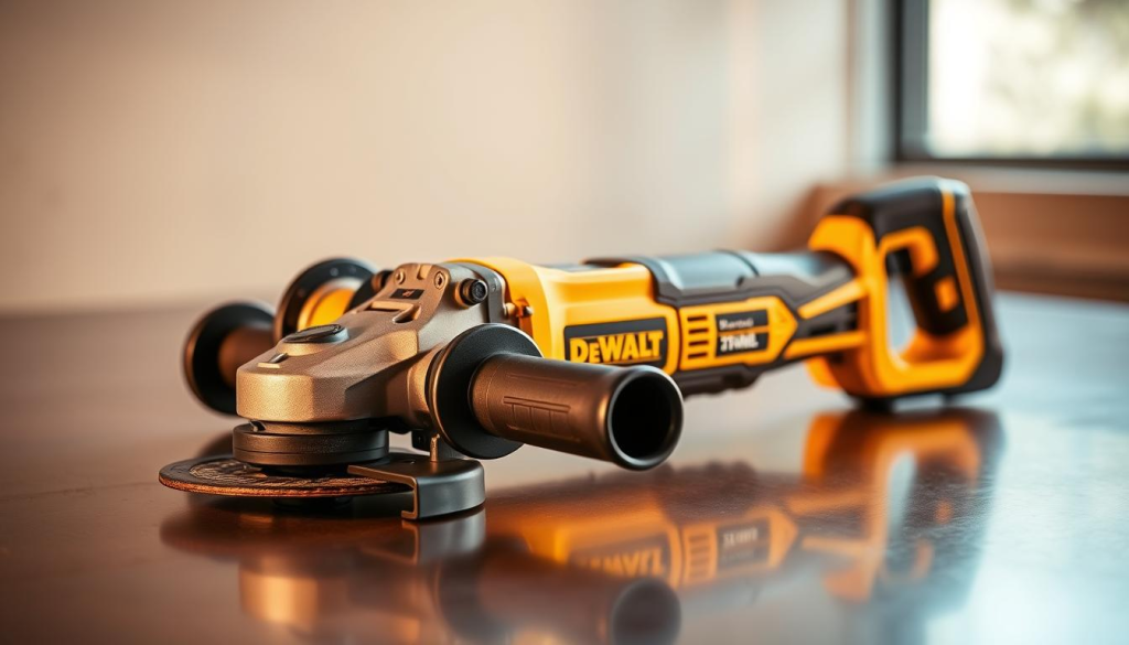 A sleek and compact Dewalt power tool set rests on a smooth, reflective surface, bathed in warm, directional lighting that highlights its industrial design. The tools, such as an angle grinder, display a sturdy, well-crafted construction with knurled metal accents and a bold yellow and black color scheme. The layout is arranged neatly, emphasizing the tools' ergonomic shapes and compact forms, conveying a sense of power and precision in a portable, user-friendly package. The background is subtly blurred, keeping the focus on the high-quality Dewalt tools and their refined, modern aesthetic.