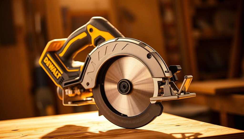 A sleek and ergonomic DEWALT 60V cordless circular saw, bathed in warm, directional lighting that accentuates its clean, modern design. The saw's handle is comfortably contoured, with a rubber grip for secure control. The brushless motor and precision-machined blade are prominently featured, showcasing the tool's power and quality craftsmanship. The saw is positioned on a sturdy, wooden workbench, hinting at its intended use in a well-equipped DIY workshop. The background is softly blurred, keeping the focus squarely on the saw's impressive form and function.