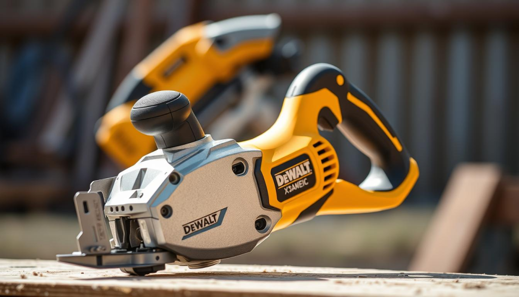 A sleek and ergonomic DeWalt XR Sawzall, its metallic body gleaming under natural lighting. The tool is positioned in the foreground, showcasing its comfortable rubber grip and compact, balanced design. In the middle ground, the sawzall's powerful motor and precision blade are visible, hinting at its impressive performance. The background is blurred, keeping the focus on the tool's thoughtful ergonomics and user-centric features. The image conveys a sense of power, control, and user-friendliness, aligning with the "Ergonomic Design and User Comfort" section of the article.