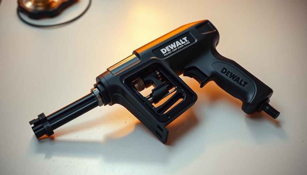 A sleek and ergonomic DeWalt rivet gun rests on a clean, minimalist workbench. The gun's body is crafted from high-quality, matte-finished materials, with a comfortable, rubberized grip that contours to the user's hand. Precise riveting mechanisms are visible through the partially transparent housing, showcasing the gun's intricate engineering. Warm, directional lighting from the side accentuates the tool's curves and highlights its thoughtful design. The scene conveys a sense of professionalism and attention to detail, reflecting the key features that make the DeWalt rivet gun a versatile and user-friendly fastening solution.