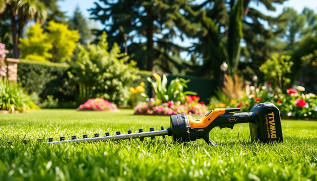 A sleek and modern DEWALT 20V Brushless Trimmer nestled in a lush, verdant backyard. The trimmer is showcased in the foreground, its brushless motor and compact design gleaming under soft, natural lighting. The middle ground features well-manicured grass and flourishing flower beds, conveying a sense of a well-maintained, vibrant outdoor space. In the background, towering trees and a clear blue sky create a tranquil, peaceful atmosphere. The overall scene exudes a sense of efficiency, power, and harmony, perfectly encapsulating the customer experience with this high-performance DEWALT weed eater.