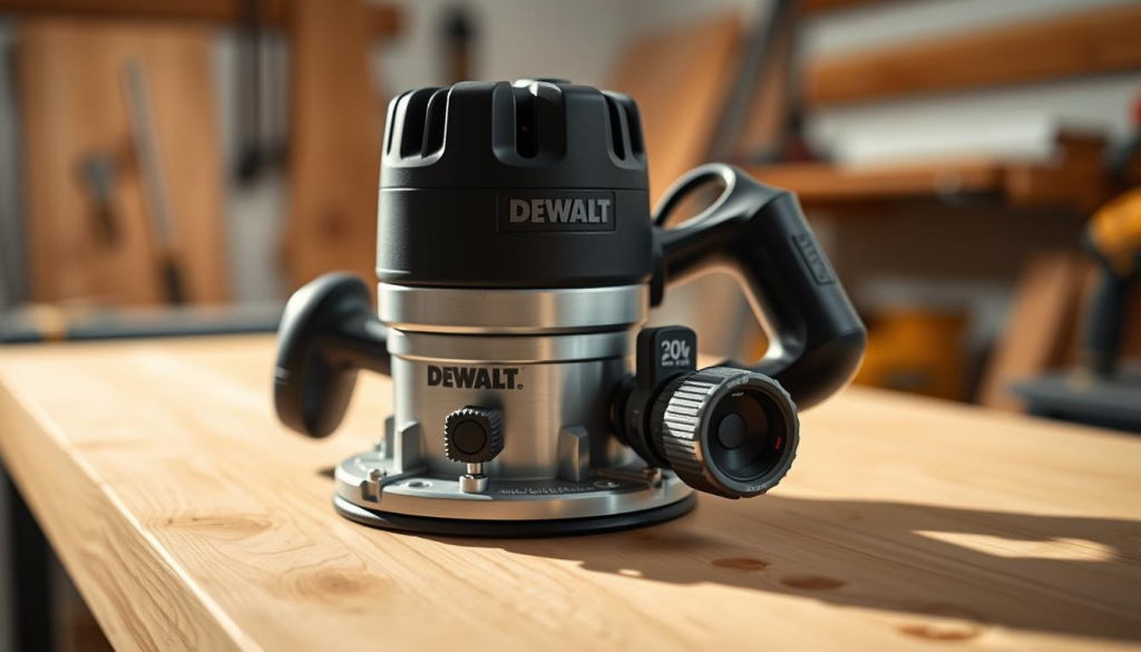 A sleek and modern DEWALT 20V brushless trim router, resting on a clean, well-lit wooden workbench. The router's ergonomic design and metal construction are highlighted by soft, directional lighting, casting subtle shadows that accentuate its professional-grade features. In the foreground, the router's trim guide and depth adjustment knob are prominently displayed, showcasing its precision control capabilities. The background is softly blurred, allowing the router to be the central focus, conveying a sense of quality craftsmanship and attention to detail. The overall mood is one of high-end, industrial sophistication, reflecting the reliable performance and premium build of the DEWALT 20V router.