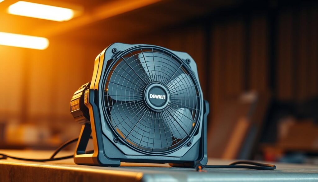 A sleek and modern DEWALT battery-powered fan resting on a sturdy surface, illuminated by warm, natural lighting from an overhead source. The fan's robust metal construction and compact size are prominently displayed, showcasing its durability and portability. The blades spin effortlessly, creating a gentle breeze that subtly rustles nearby objects. The background is slightly blurred, allowing the fan to be the focal point, emphasizing its functional purpose. The overall scene conveys a sense of efficiency, reliability, and the convenience of on-the-go cooling solutions.
