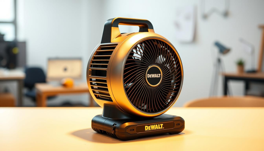 A sleek and modern DEWALT cordless fan, its metallic body gleaming under warm, directional lighting. The fan is placed on a clean, minimalist table, with a subtle shadow casting underneath. In the background, a softly blurred workspace scene suggests the fan's versatility and portability. The image conveys the fan's powerful yet compact design, highlighting its practical benefits for work environments.