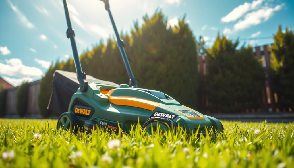 A sleek and modern DEWALT electric lawn mower standing on a well-manicured lawn, its powerful motor and efficient battery system clearly visible. The mower is captured from a slightly elevated angle, highlighting its streamlined design and sturdy construction. Sunlight filters through wispy clouds, casting a warm glow over the scene and emphasizing the mower's vibrant green and yellow color scheme. The lawn in the foreground is lush and verdant, with a few scattered dandelions adding a touch of natural beauty. In the background, a neatly trimmed hedgerow and a wooden fence create a sense of depth and framing, while a clear blue sky completes the serene, outdoor atmosphere.