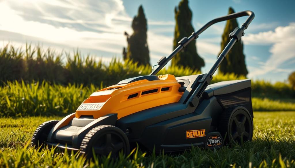 A sleek and modern DEWALT electric lawn mower stands prominently in a well-manicured yard, its powerful motor and sturdy build conveying a sense of reliable performance. The mower's vibrant yellow and black color scheme reflects the brand's signature style, while its sharp lines and aerodynamic design suggest advanced engineering. Sunlight filters through wispy clouds, casting a warm glow over the scene and highlighting the mower's detailed features, such as the adjustable cutting height settings and the intuitive control panel. In the background, lush green grass and a few towering trees create a serene, natural backdrop, emphasizing the mower's role in maintaining the pristine landscape.