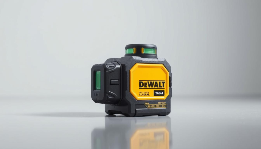 A sleek and modern DEWALT self-leveling laser, positioned on a smooth, reflective surface. The device is shown in a well-lit, clean studio environment, with soft, diffused lighting illuminating its features. The laser's compact, angular design is emphasized, showcasing its robust construction and precision engineering. The image captures the laser's key functionality, highlighting its self-leveling capabilities and the attention to detail in its design. The overall tone conveys a sense of professionalism, technological advancement, and the reliability associated with the DEWALT brand.