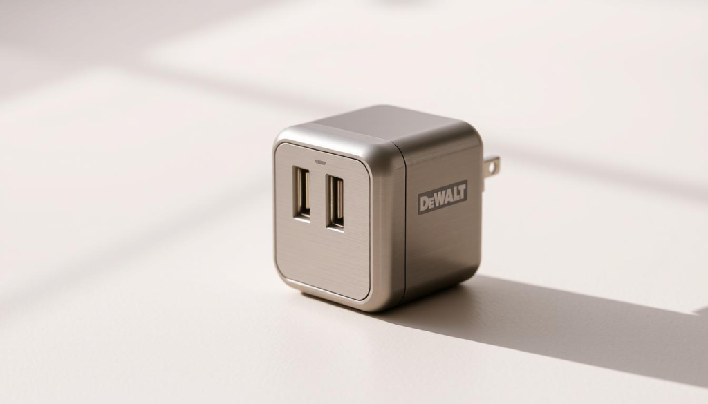 A sleek and modern DeWALT USB adapter sits prominently on a clean, neutral-toned surface, bathed in soft, natural lighting. The adapter's brushed metal finish and minimalist design evoke a sense of durability and practicality. In the foreground, the adapter's USB ports are clearly visible, inviting the user to connect their devices. The middle ground showcases the adapter's compact form, complementing the overall aesthetic. The background maintains a subtle, uncluttered environment, allowing the adapter to be the focal point and emphasizing its versatility in any setting.