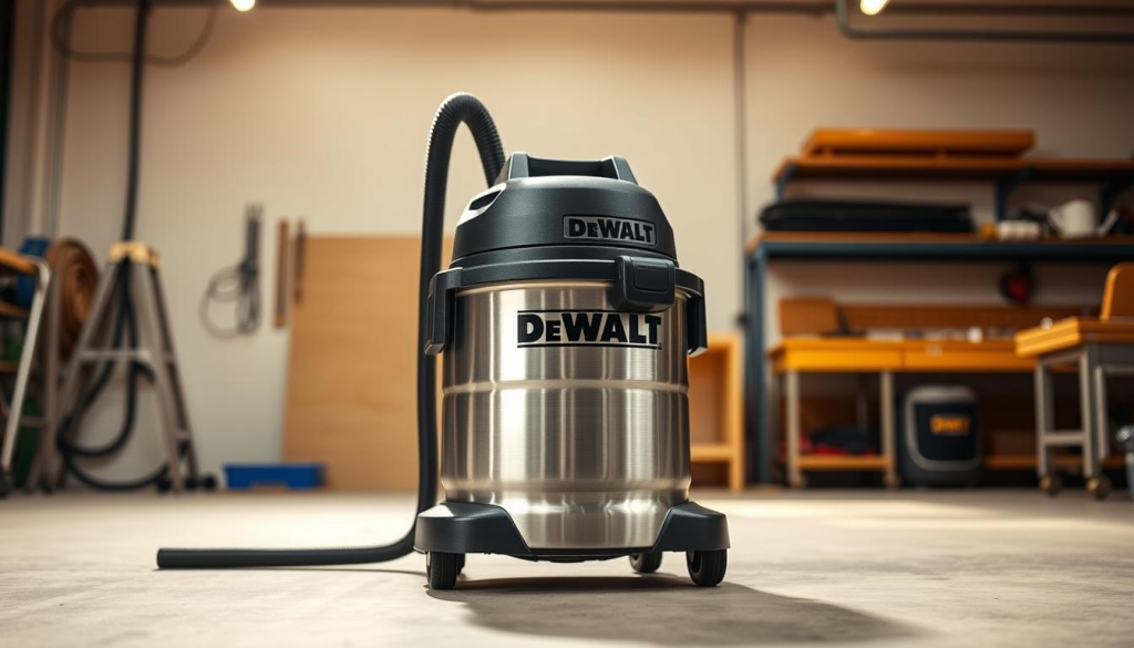 A sleek and modern DeWalt quiet shop vacuum stands prominently in a well-lit workshop. The device is captured from a slightly elevated angle, showcasing its low-profile design and smooth contours. The brushed metal finish gleams under the warm, directional lighting, evoking a sense of industrial sophistication. In the background, the clean, minimalist workshop setting provides a serene and uncluttered backdrop, emphasizing the vacuum's noise-reducing capabilities. The image conveys a sense of power and efficiency, while also highlighting the exceptional noise reduction technology that allows for peaceful, uninterrupted work.