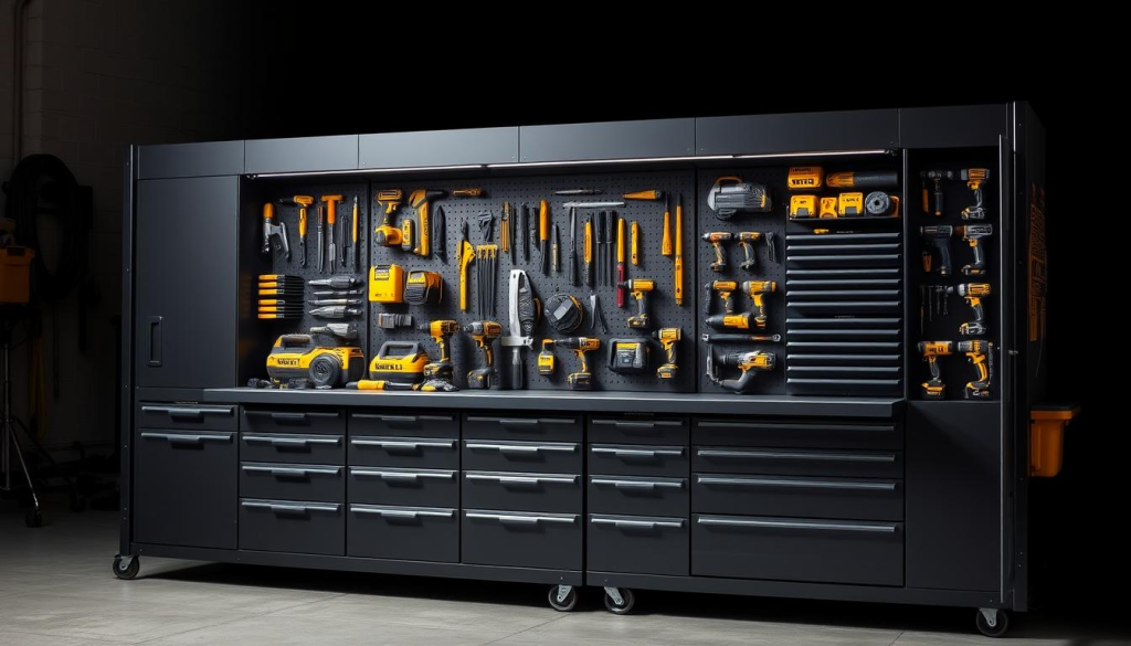 A sleek and organized DEWALT power tool storage unit, its matte black exterior gleaming under bright studio lighting. Numerous compartments and drawers are arranged neatly, showcasing an array of DEWALT tools and accessories. The unit's compact, modular design allows for efficient workspace organization, with careful attention to ergonomics and accessibility. A sense of order and efficiency pervades the scene, underscoring the importance of proper tool storage and organization for the productive, well-maintained workshop.