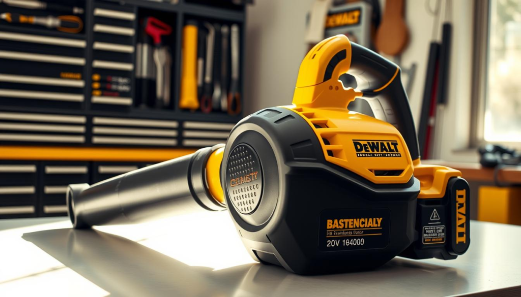 A sleek and powerful DEWALT 20V cordless blower rests on a clean, well-lit workbench. The brushless motor is prominently displayed, showcasing its high-efficiency design. Sunlight streams in through a nearby window, casting a warm glow on the tool's distinctive yellow and black color scheme. The blower's nozzle is angled, ready to direct a powerful airflow for effortless cleanup. In the background, a meticulously organized tool cabinet hints at the professional-grade quality of the DEWALT brand. The overall scene conveys the tool's advanced technology, ease of use, and suitability for a variety of residential and commercial applications.