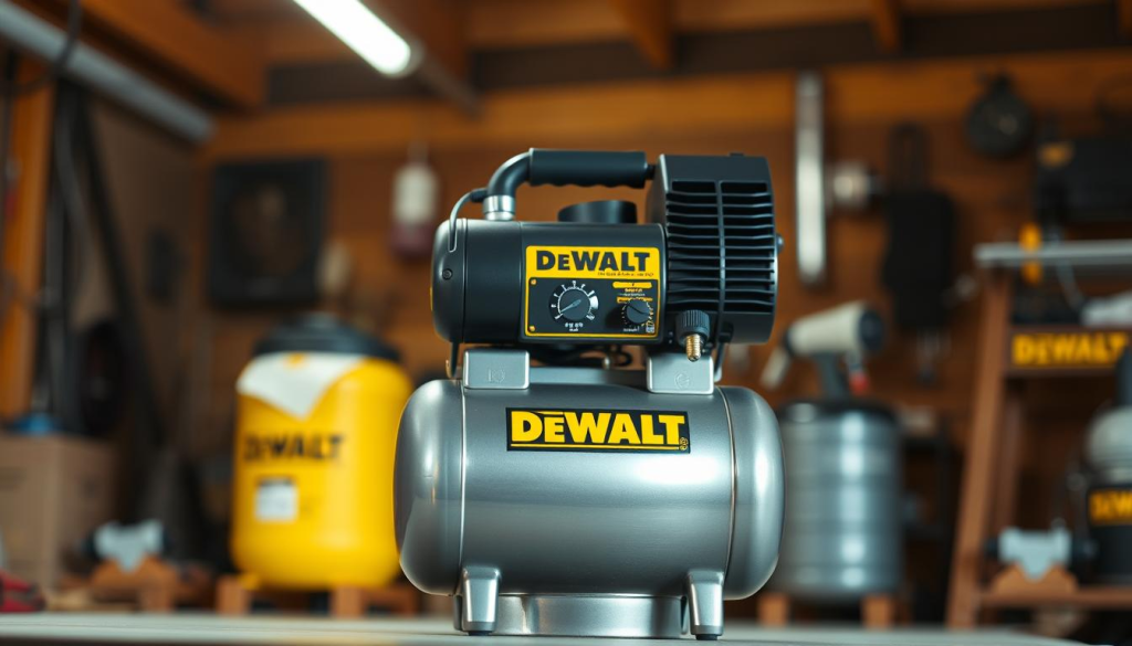 A sleek and powerful DEWALT 4.5 gallon air compressor stands in a well-lit workspace, its sturdy design and metallic finish gleaming under warm, directional lighting. The compressor's dials and controls are clearly visible, inviting the user to effortlessly adjust the airflow and pressure. The foreground is sharp and in focus, while the background is slightly blurred, creating a sense of depth and drawing the viewer's attention to the star of the scene. The overall atmosphere conveys a sense of reliability, efficiency, and the professional-grade quality that DEWALT is known for.