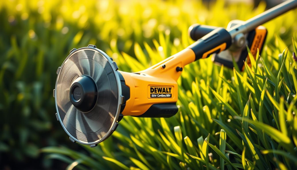 A sleek and powerful DEWALT 60V cordless weed eater, its brushless motor and durable construction prominently displayed against a softly blurred background. The weed eater's bright yellow and black casing gleams under the warm, natural lighting, casting subtle shadows that accentuate its ergonomic design. The trimmer head spins rapidly, its sturdy nylon line ready to tackle the lush, verdant foliage of a well-maintained yard. The entire scene conveys a sense of efficiency, durability, and ease of use - key features that make this DEWALT weed eater an essential tool for upgrading any outdoor space.