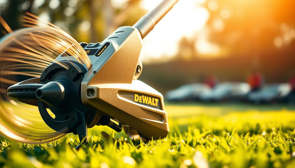 A sleek and powerful DEWALT 60V string trimmer, its metallic body gleaming under warm, directional lighting. The trimmer is captured from a low, dynamic angle, emphasizing its sturdy construction and ergonomic design. In the foreground, the thick nylon line spins rapidly, creating a sense of motion and energy. The middle ground showcases the trimmer's controls and battery interface, while the background fades into a blurred, naturalistic setting, hinting at the tool's intended use in well-manicured lawns and gardens. The overall composition conveys a sense of rugged reliability and professional-grade performance.